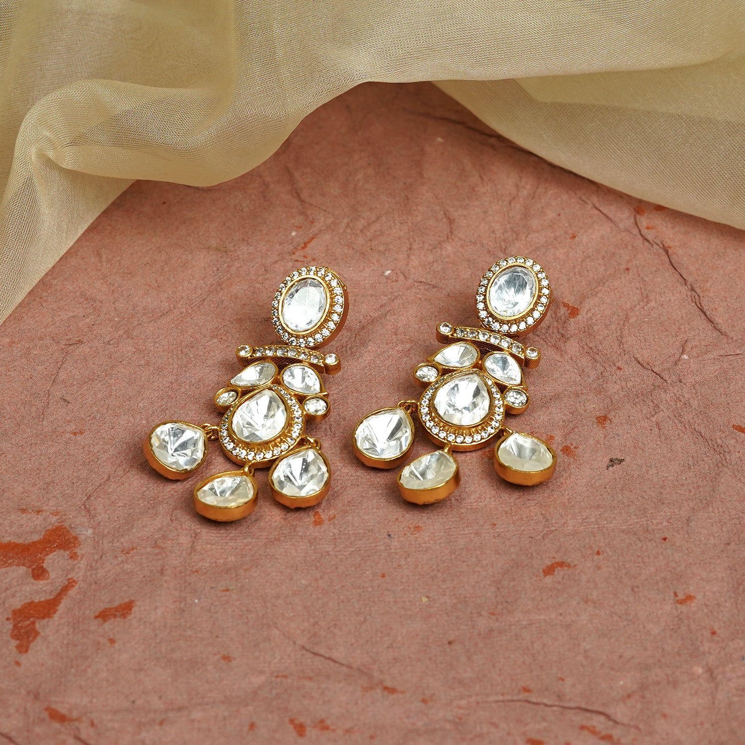 Zevar Club 22K Gold-Plated Handcrafted White Kundan & Zirconia Studded Statement Chandelier Earrings