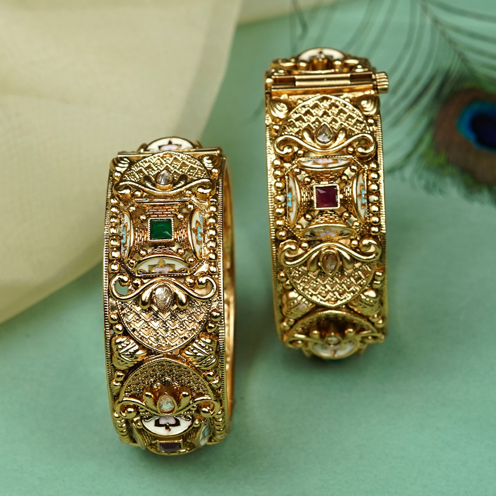 Zevar Club Set of 2 24K Gold-Plated Handcrafted Rajwadi Bangles with Ruby Red & Emerald Green Kundan Studded Floral & Embossed Motifs