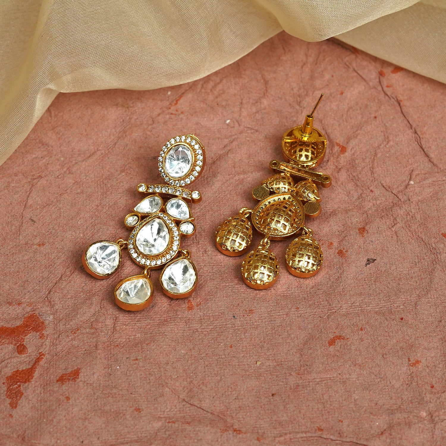 Zevar Club 22K Gold-Plated Handcrafted White Kundan & Zirconia Studded Statement Chandelier Earrings