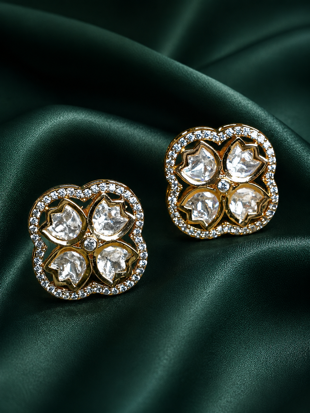 Zevar Club 12K Gold-Plated Lotus Kundan Diamond Studs