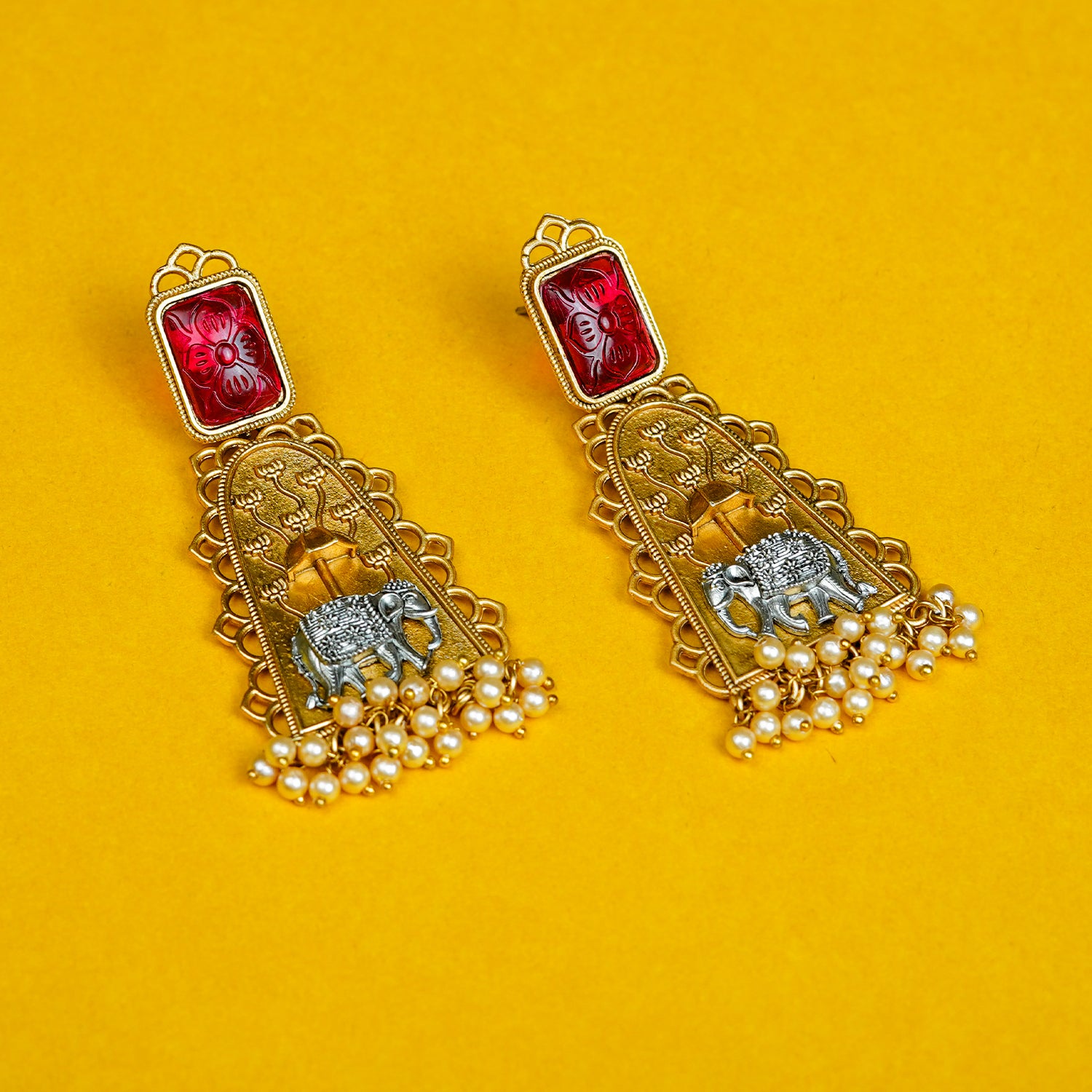 Zevar Club Oxidised Gold & Silver-Toned Elephant Motif Earring with Green Top & Pearls Drops