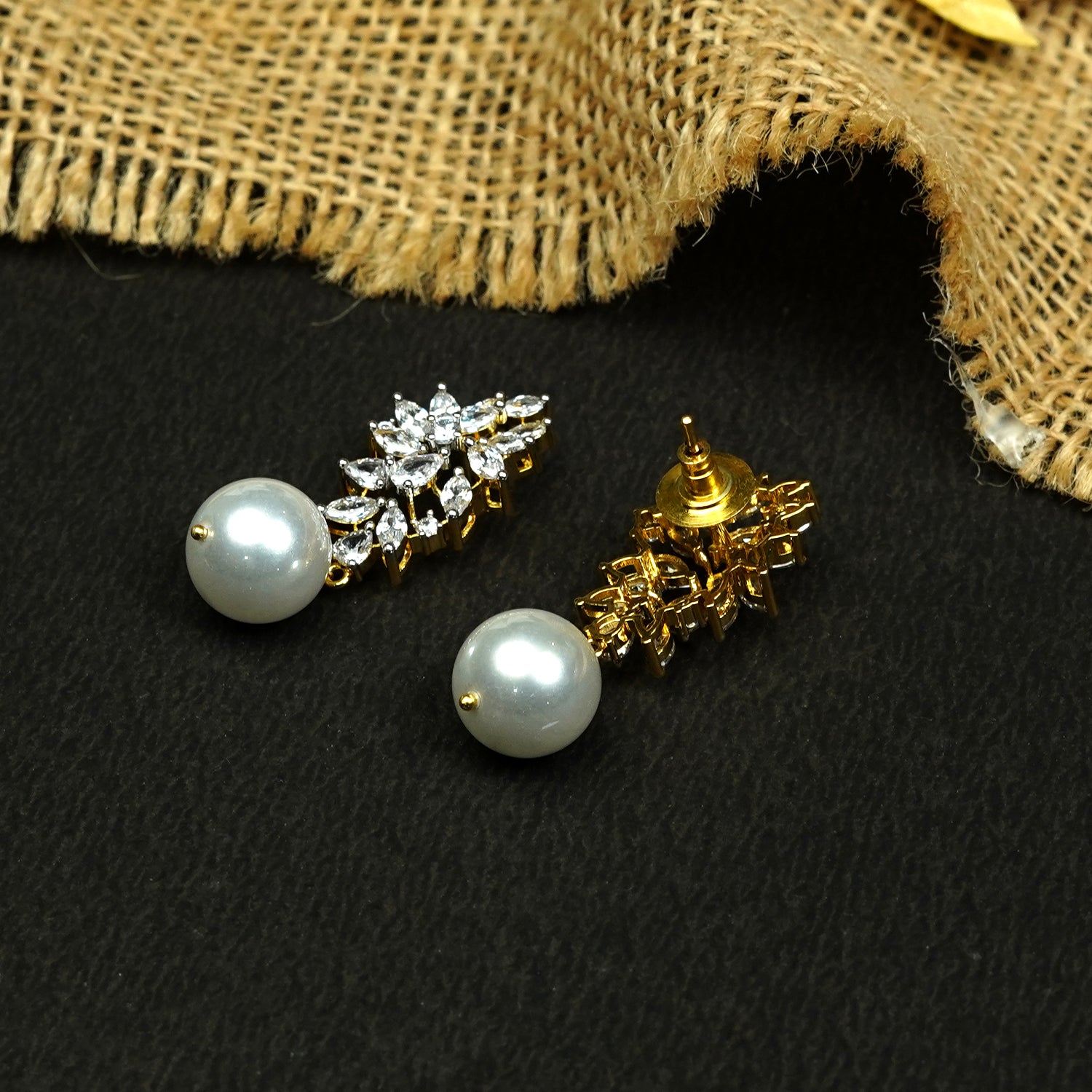 Zevar Club 22K Gold-Plated Handcrafted Cubic Zirconia & Pearl Studded Leaf Design Earrings