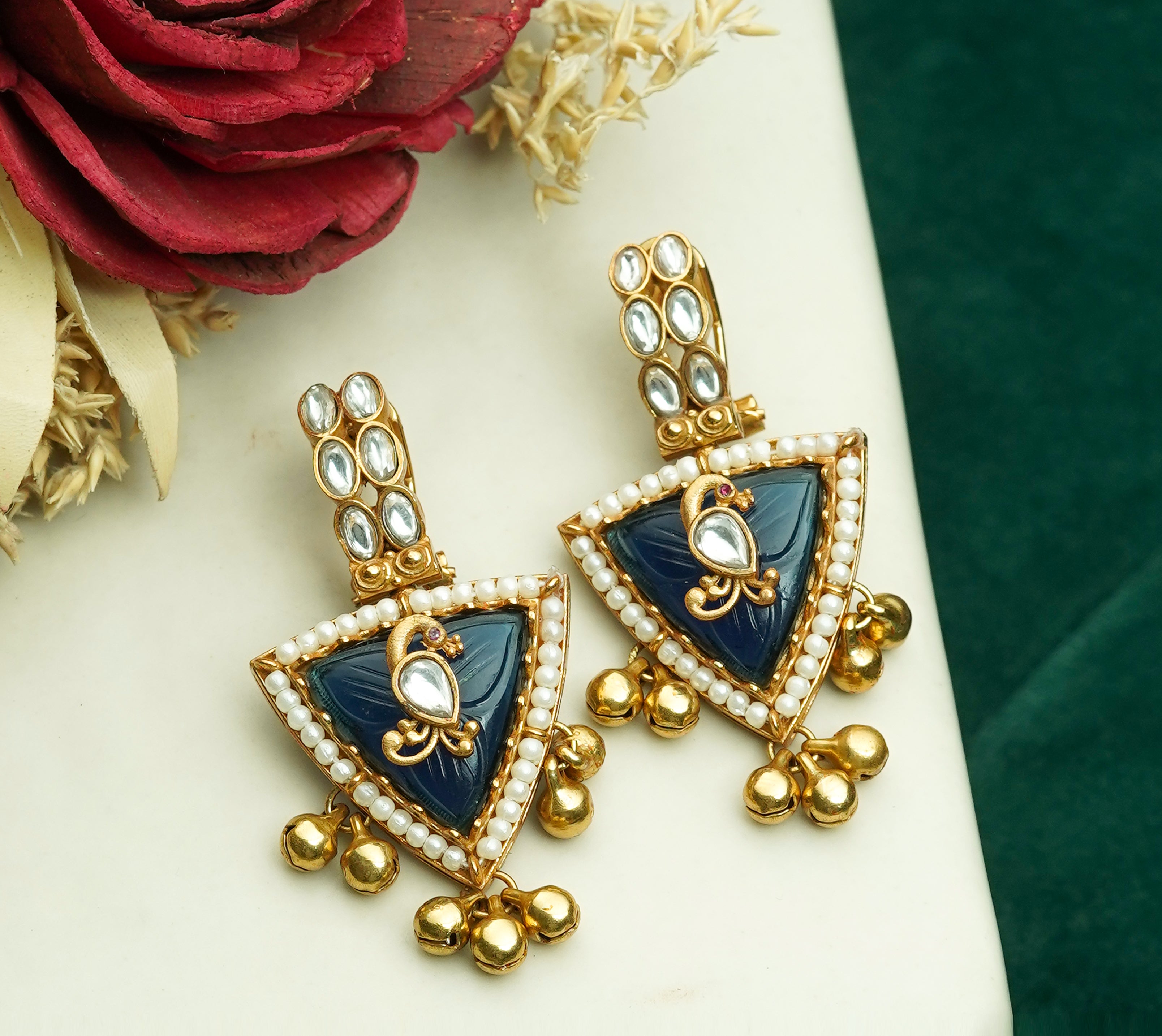 Kundan Pushback Antique Gold Ghungroo Earrings