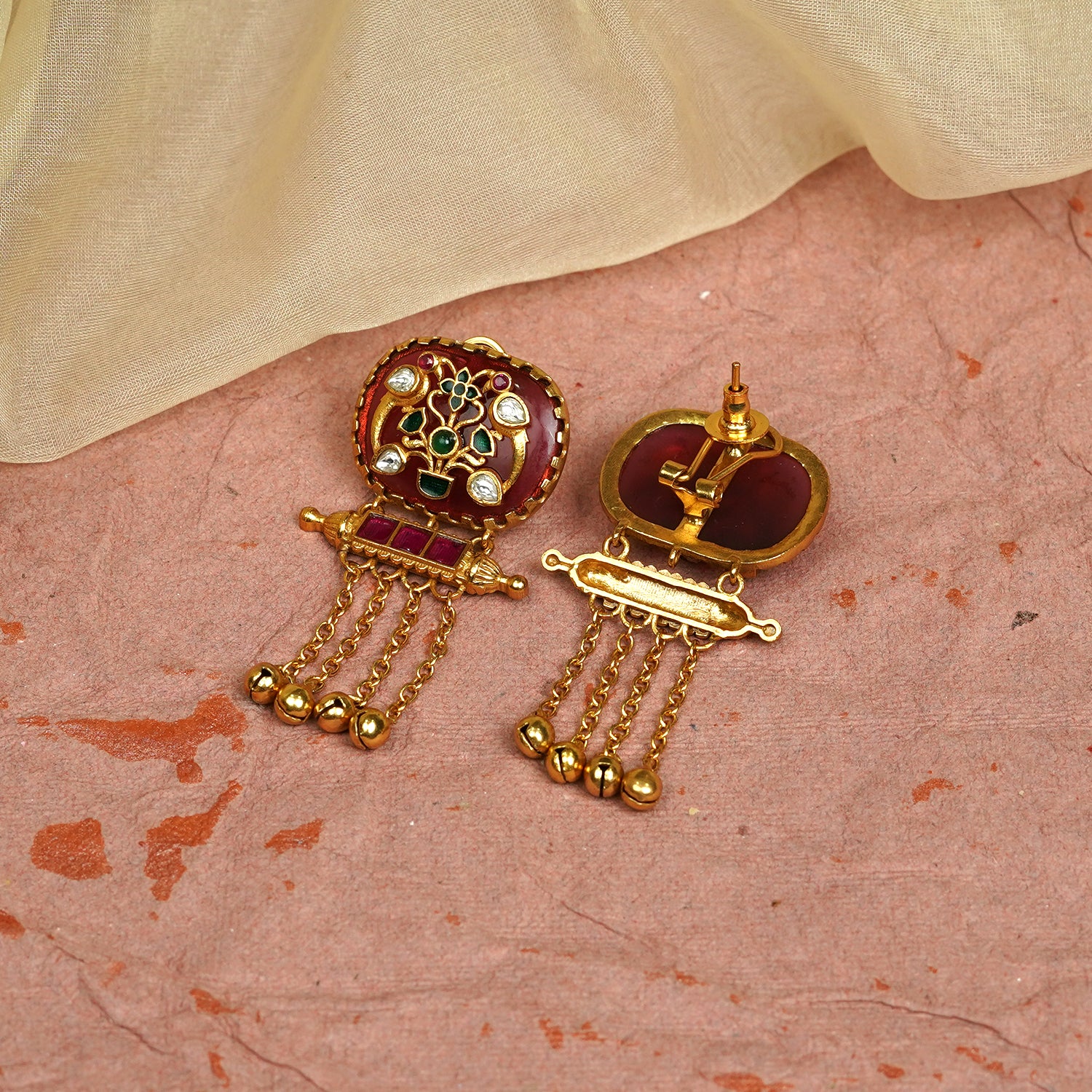 Zevar Club 22K Gold-Plated Handcrafted Red Enamelled Dome Earrings with White & Green Kundan and Multi-Layered Golden Chain Drops