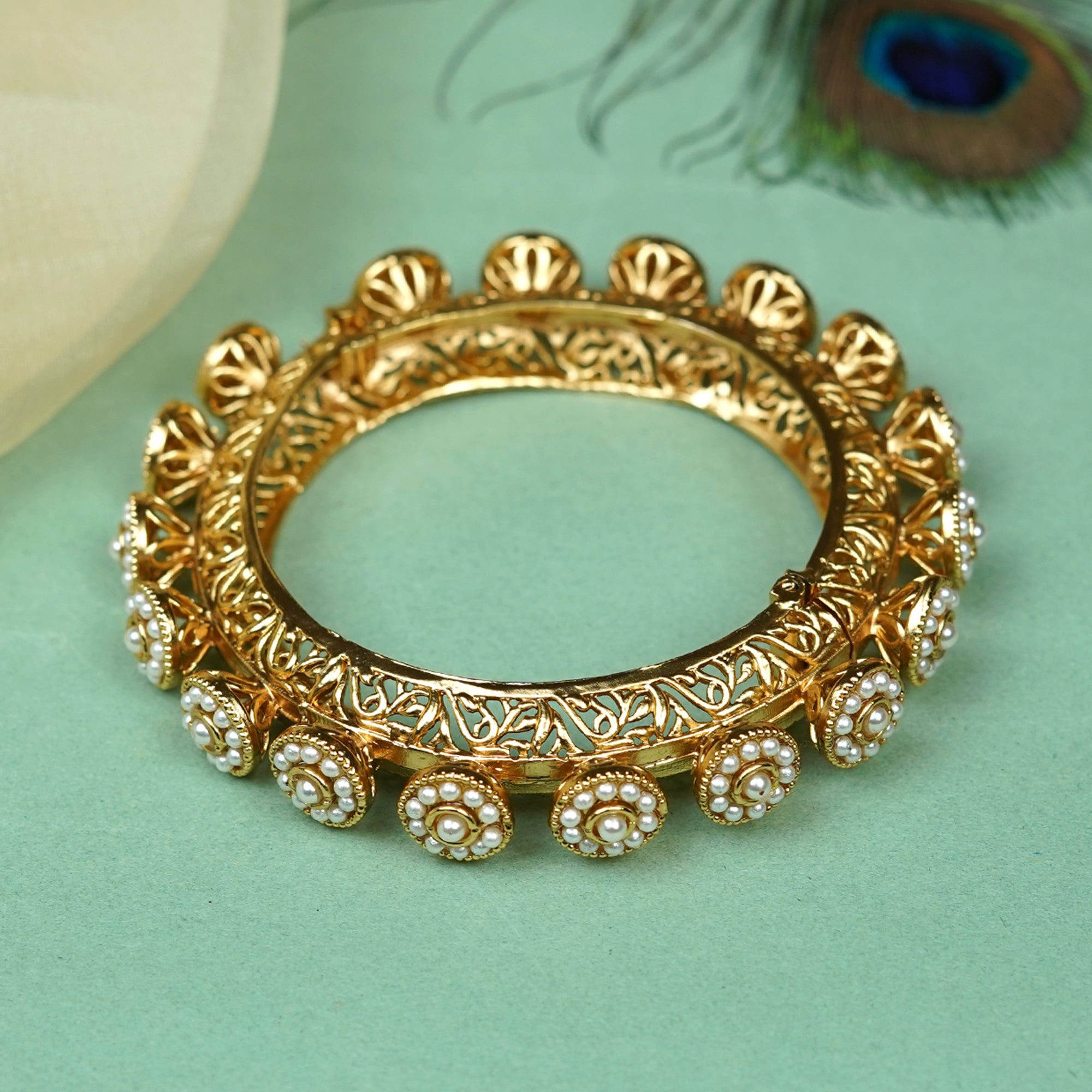 Zevar Club Set of 2 22K Gold-Plated Handcrafted Floral Drop Bangles with White Pearl Accents for Women