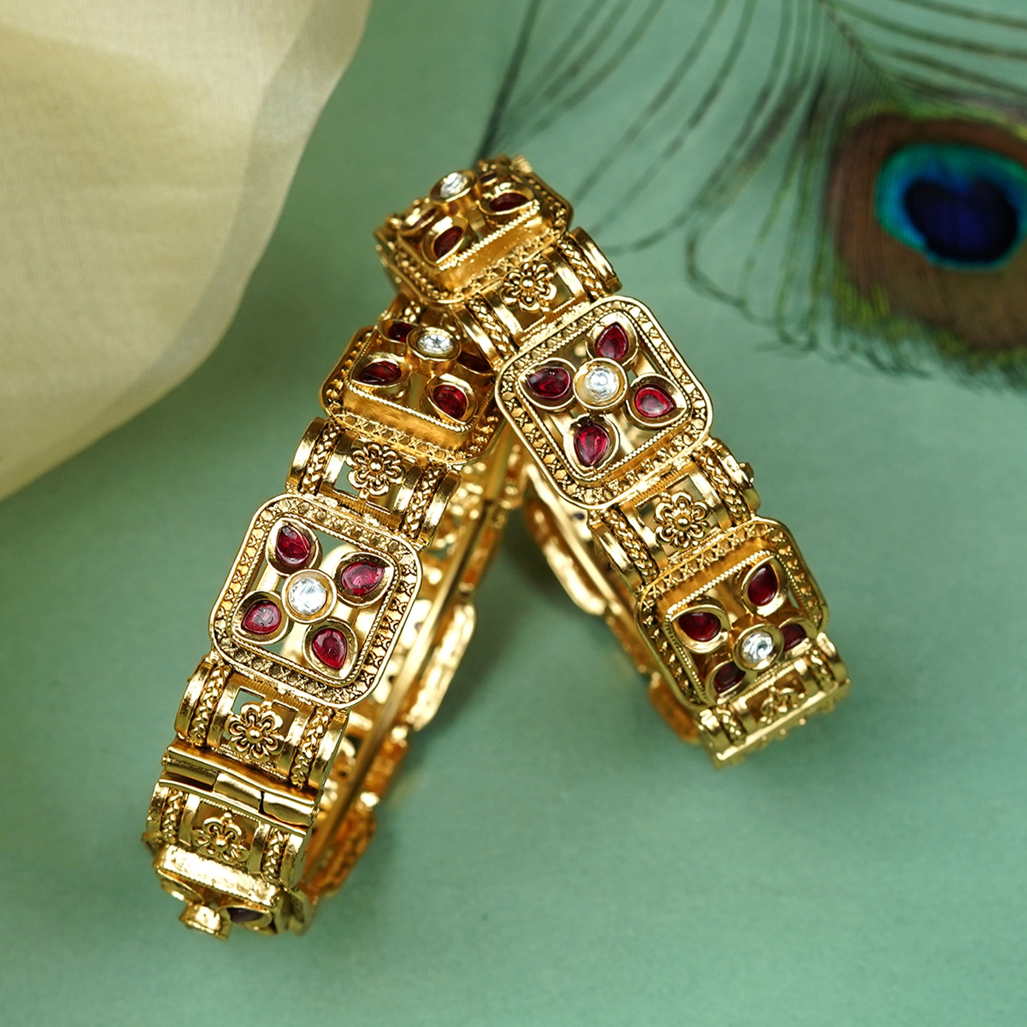 Zevar Club Set of 2 22K Gold-Plated Handcrafted Rajwadi Bangles with Ruby Red Stones & White Accents for Women