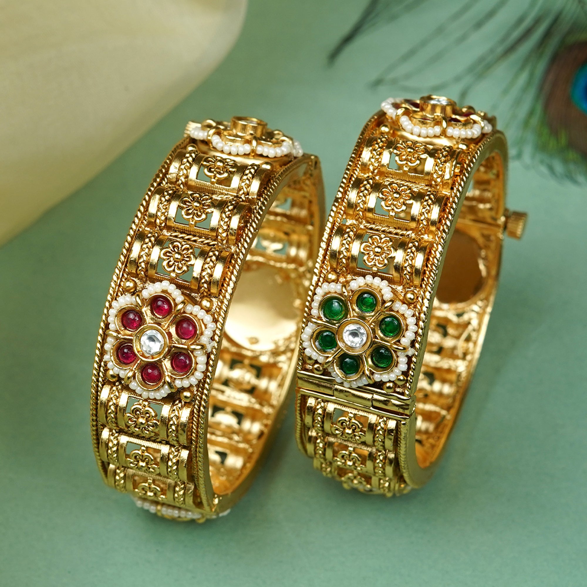 Zevar Club Set of 2 22K Gold-Plated Handcrafted Rajwadi Bangles with Ruby Red & Emerald Green Floral Kundan Motif
