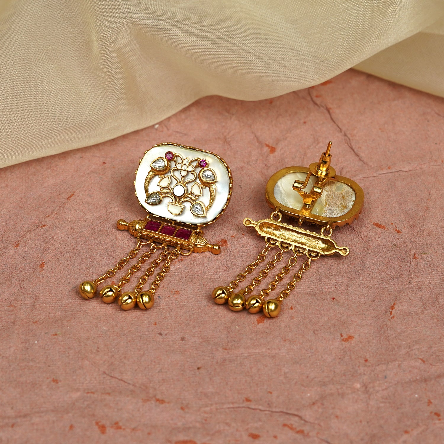 Zevar Club 22K Gold-Plated Handcrafted White Enamelled Dome Earrings with White & Red Kundan and Multi-Layered Golden Chain Drops