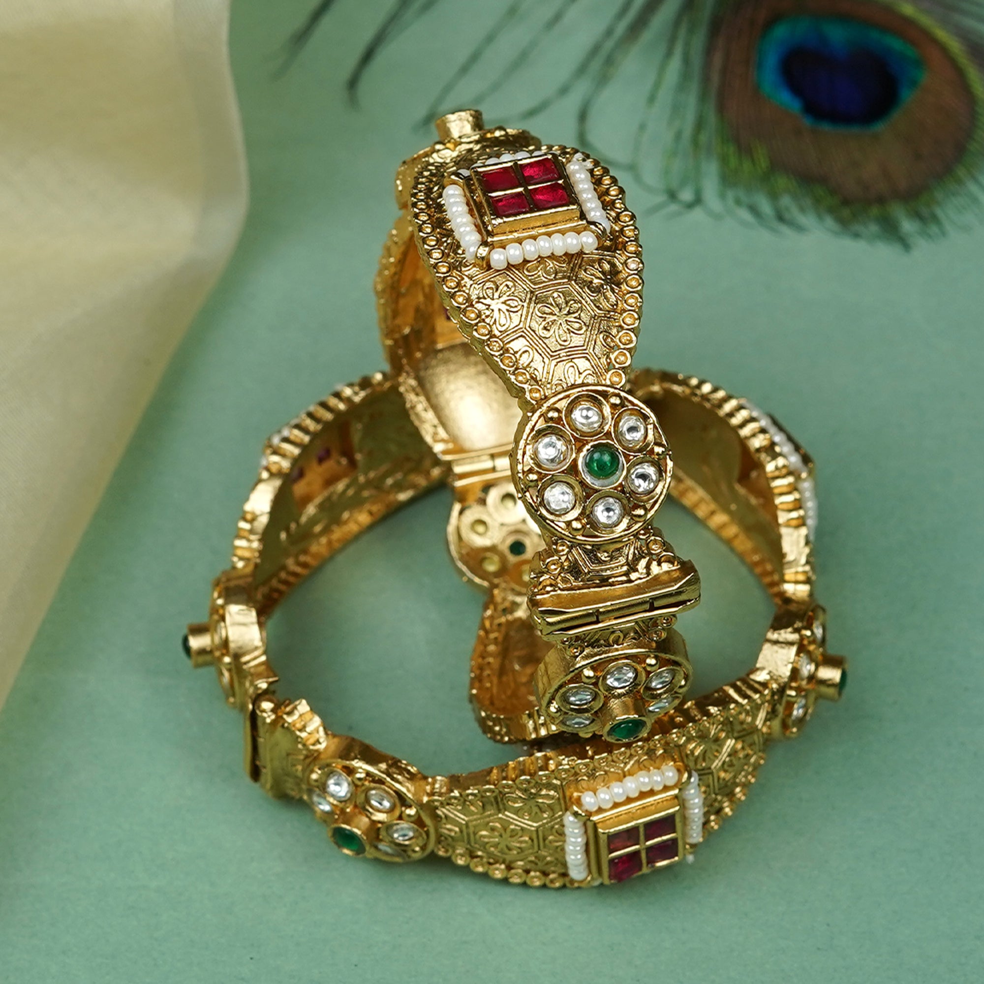 Zevar Club Set of 2 22K Gold-Plated Handcrafted Bangles with Ruby Emerald Kundan & Textured Floral Design