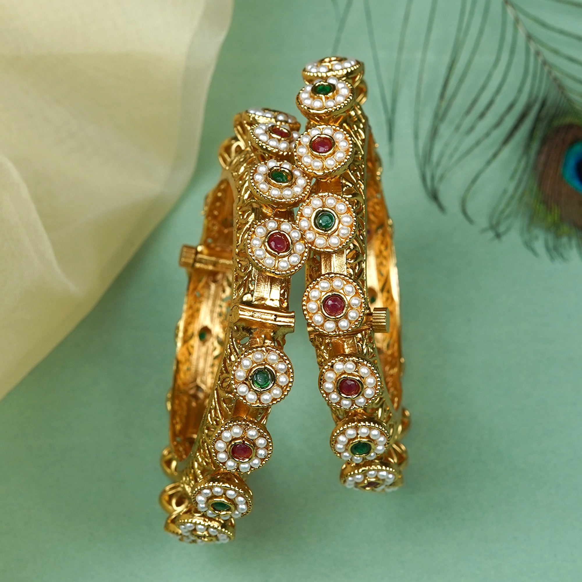 Zevar Club Set of 2 22K Gold-Plated Handcrafted Bangles with Ruby Emerald Kundan Floral & Pearl Accents