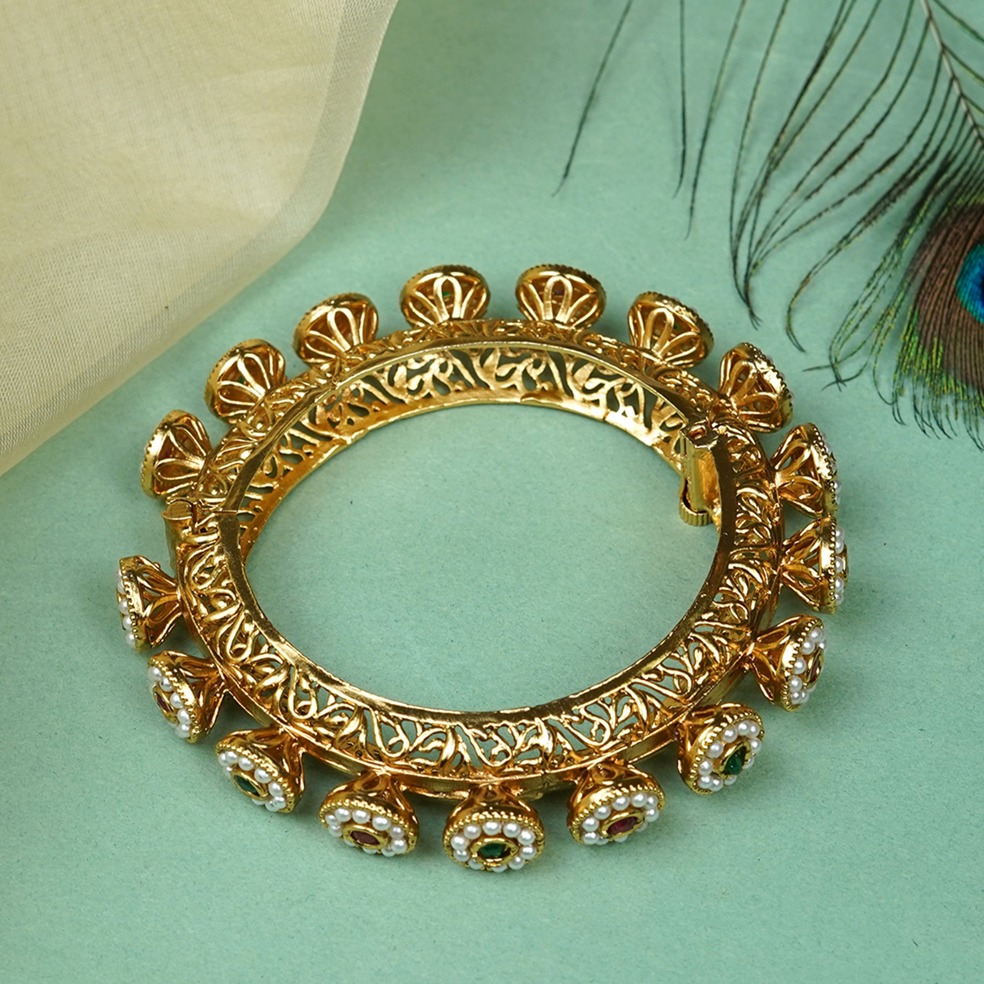 Zevar Club Set of 2 22K Gold-Plated Handcrafted Bangles with Ruby Emerald Kundan Floral & Pearl Accents