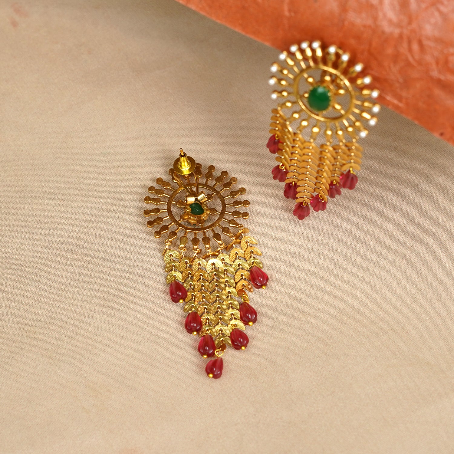 Zevar Club 22K Gold-Plated Handcrafted Sunburst Dangler Earrings with Emerald Green Stone & Ruby Red Beads and Cascading Layered Chains