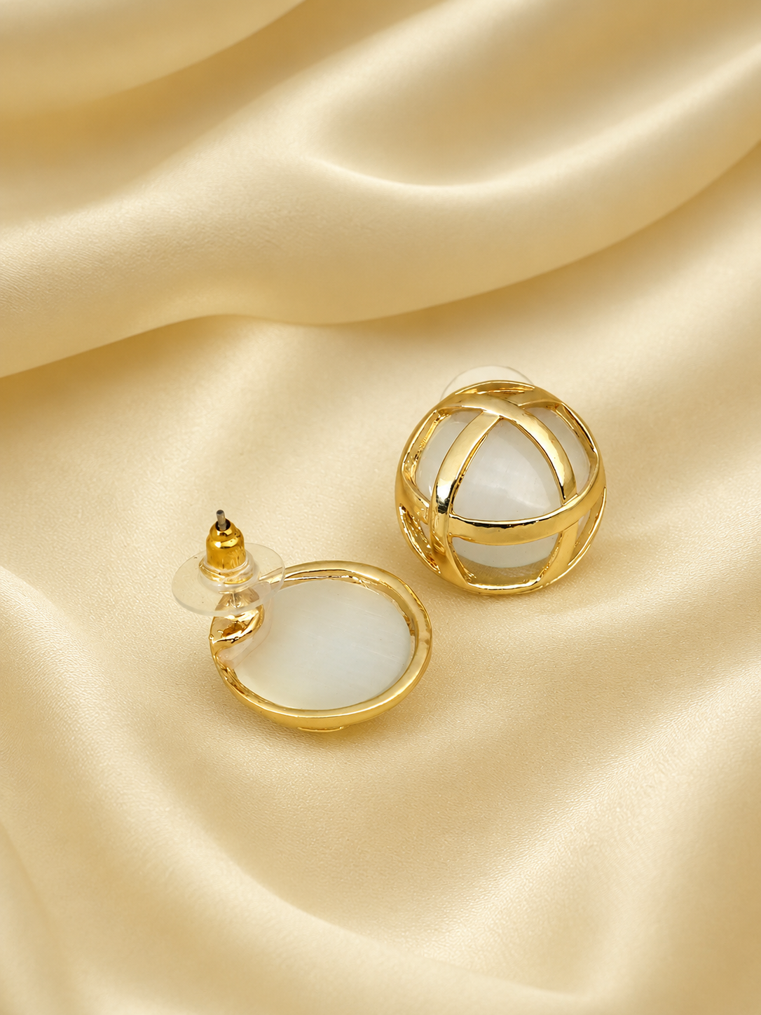 Zevar Club Gold Tone Dome-Shaped Criss-Cross Stud Earrings with White Pearl Accents for Women