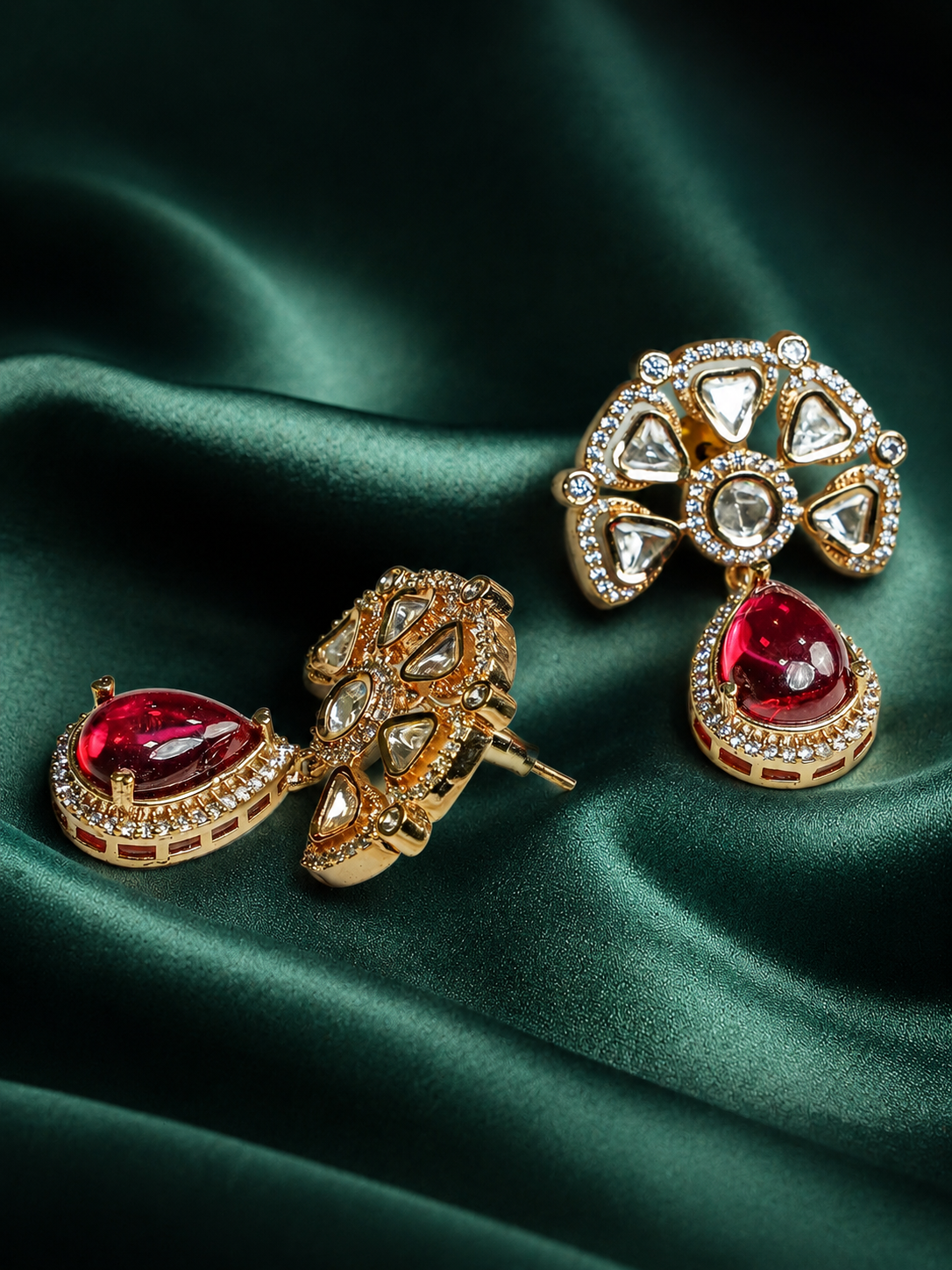 Zevar Club 12K Gold-Plated Raani Ruby Kundan Diamond Drop Earrings