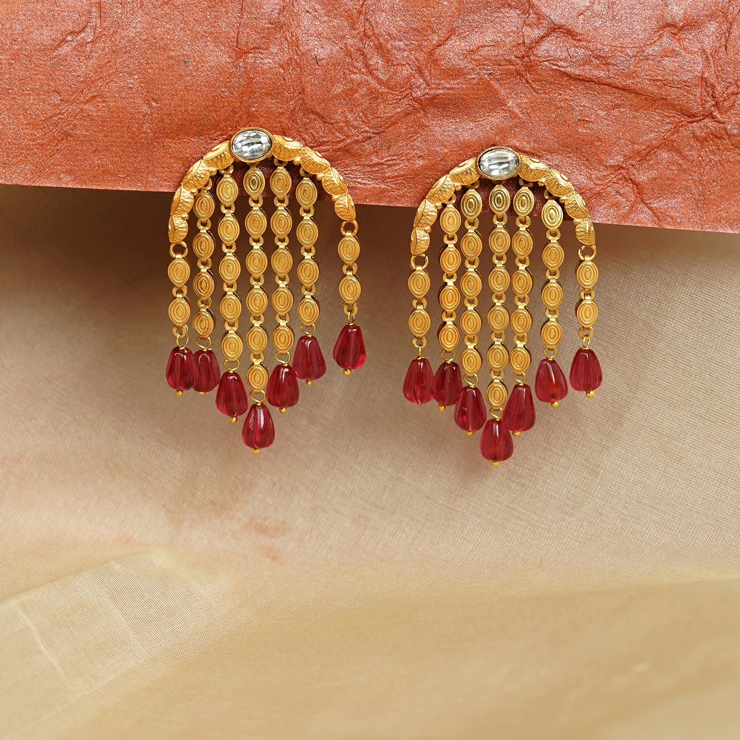 Zevar Club 22K Gold-Plated Handcrafted Semi-Circle Dangler Earrings with Ruby Red Beads & Golden Chain Drops
