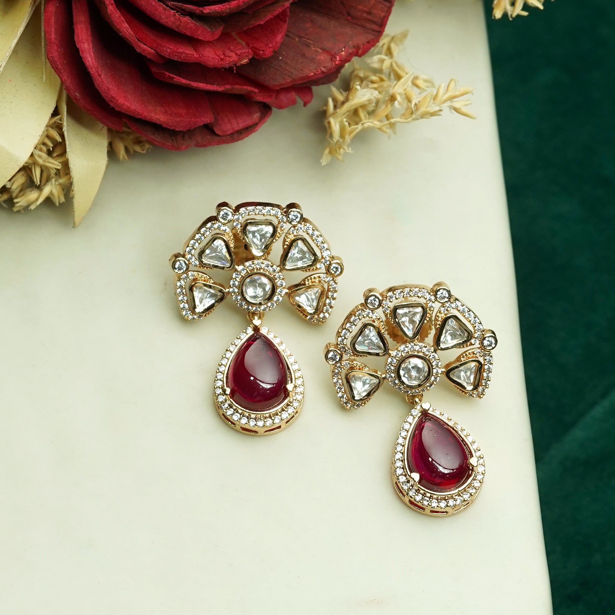 Zevar Club 12K Gold-Plated Raani Ruby Kundan Diamond Drop Earrings