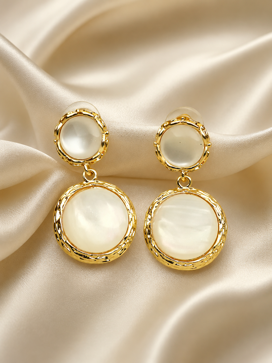 Zevar Club Gold Tone Glossy White Pearl-Textured Double Circle Drop Earrings for Women