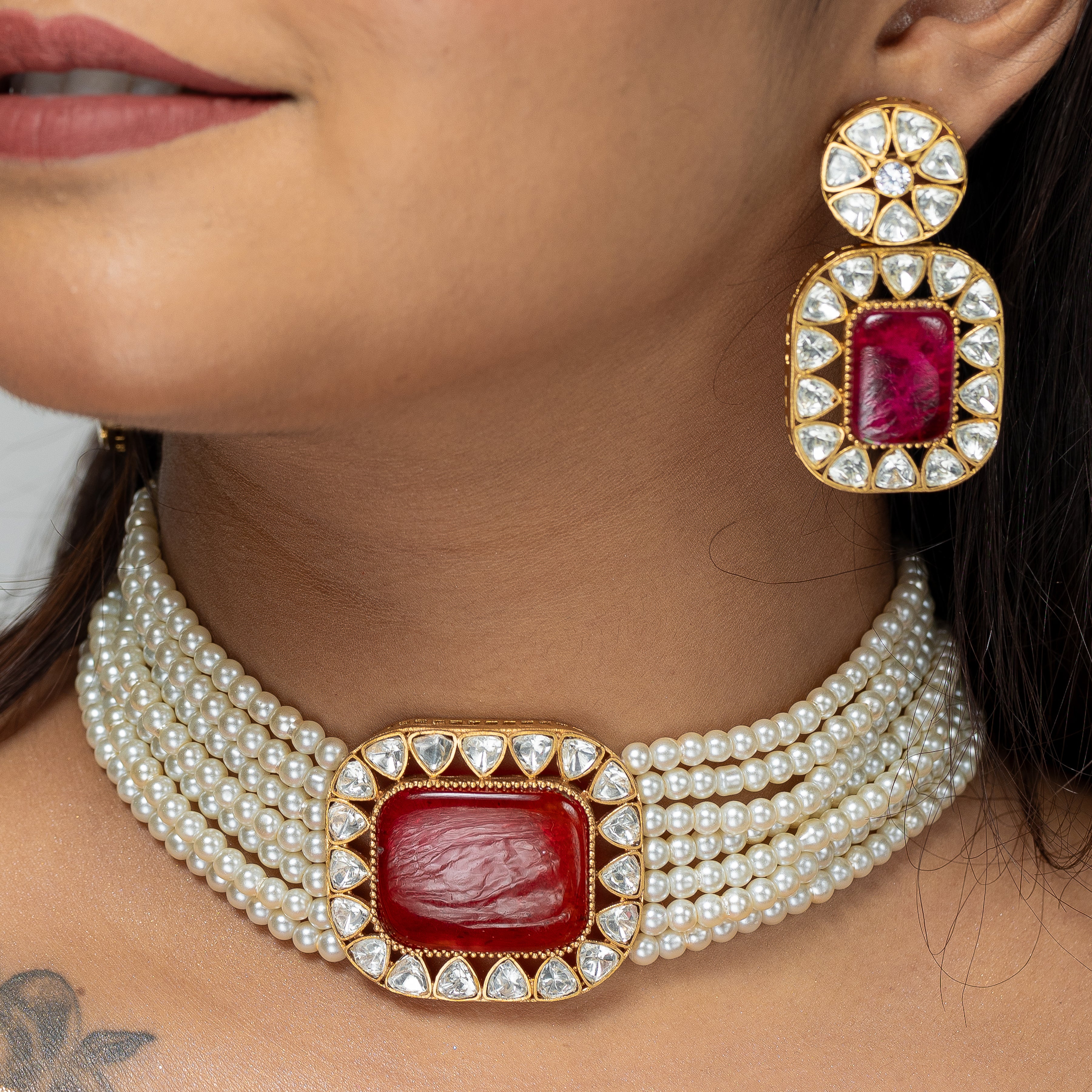 Zevar Club Darshini Semi Precious Quartz Pearl Choker Set