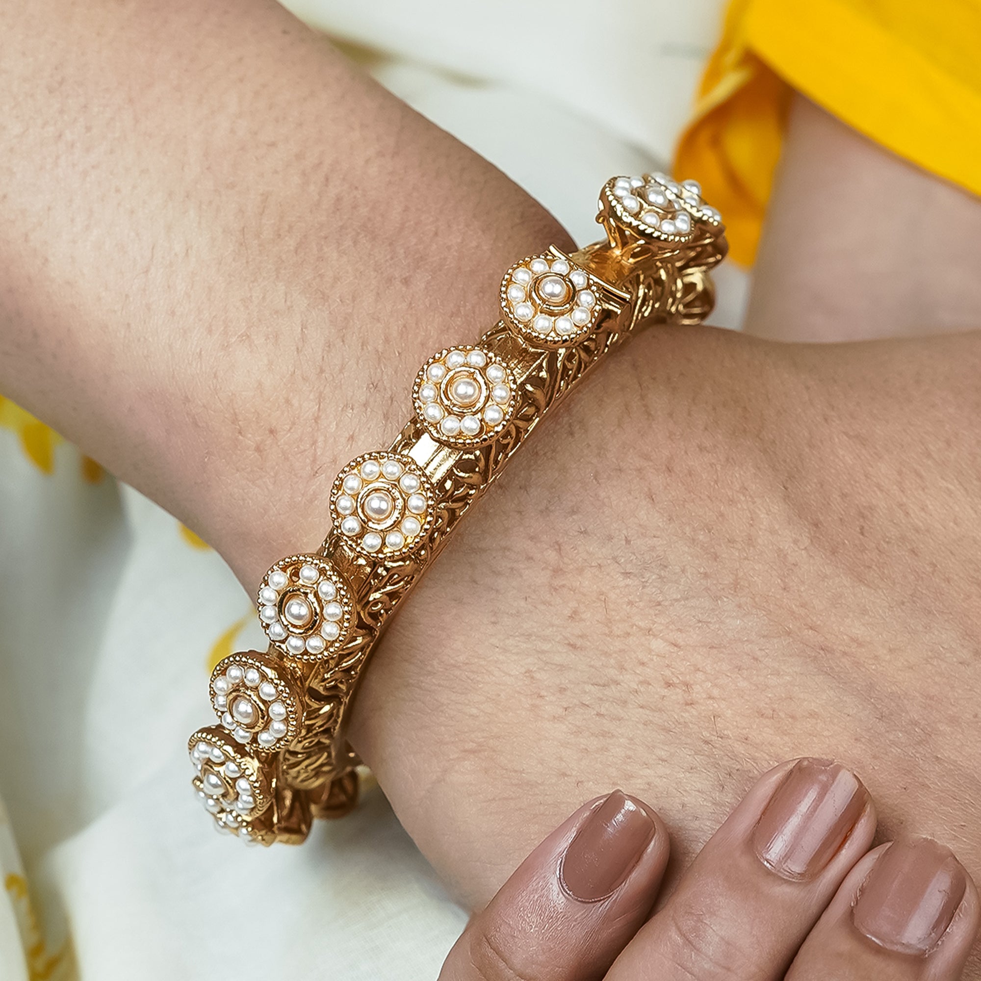 Zevar Club Set of 2 22K Gold-Plated Handcrafted Floral Drop Bangles with White Pearl Accents for Women