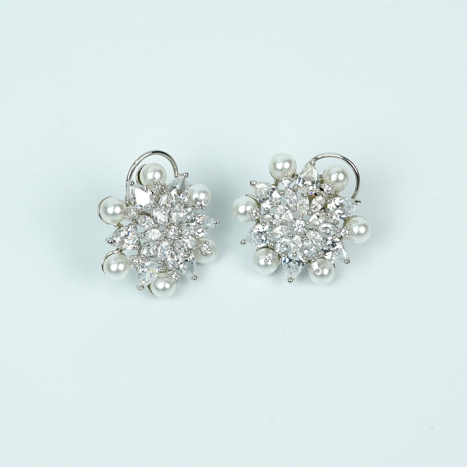 Zevar Club Rhodium-Plated Handcrafted Floral Cubic Zirconia & Pearl Stud Earrings
