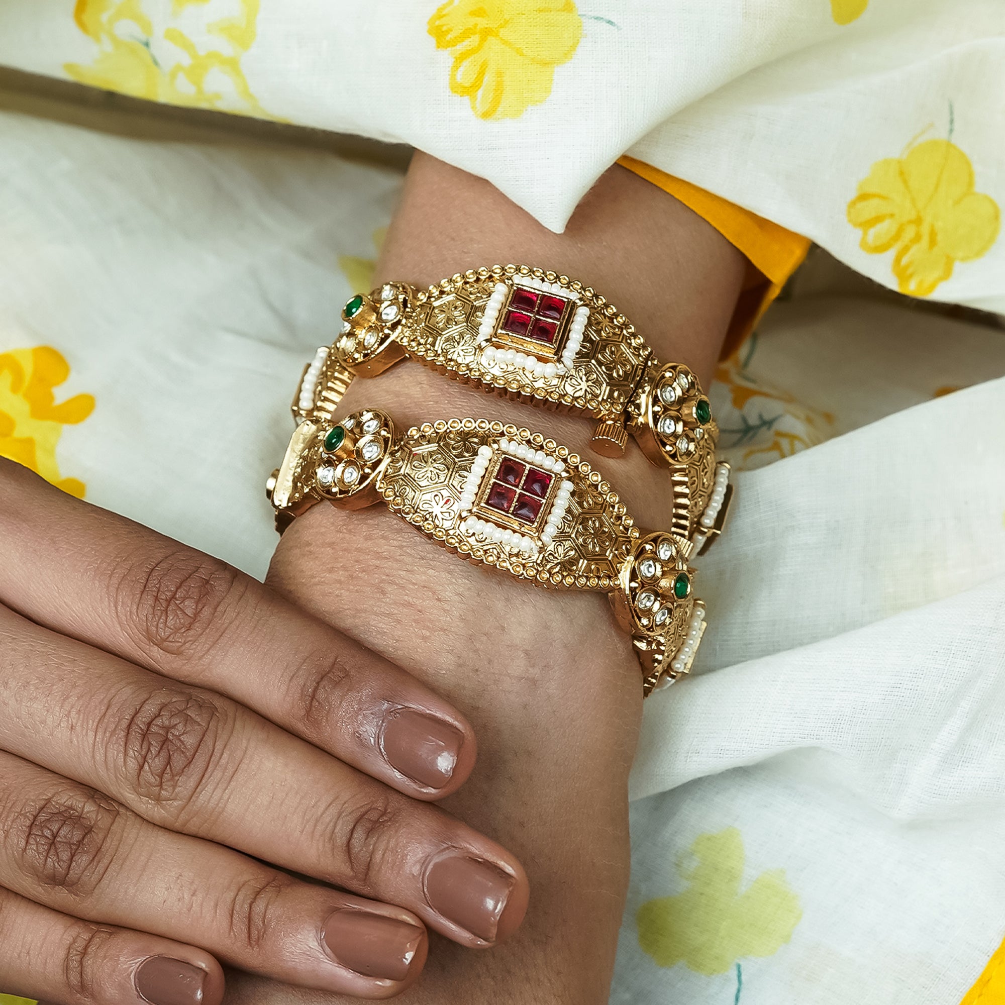Zevar Club Set of 2 22K Gold-Plated Handcrafted Bangles with Ruby Emerald Kundan & Textured Floral Design