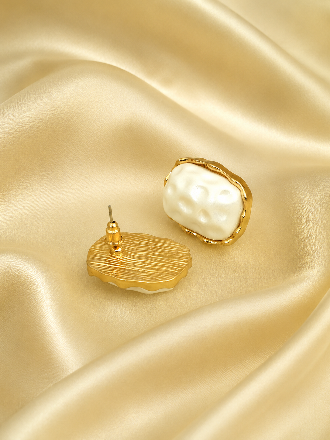 Zevar Club Gold Tone White Pearl-Textured Sculpted Frame Stud Earrings for Women
