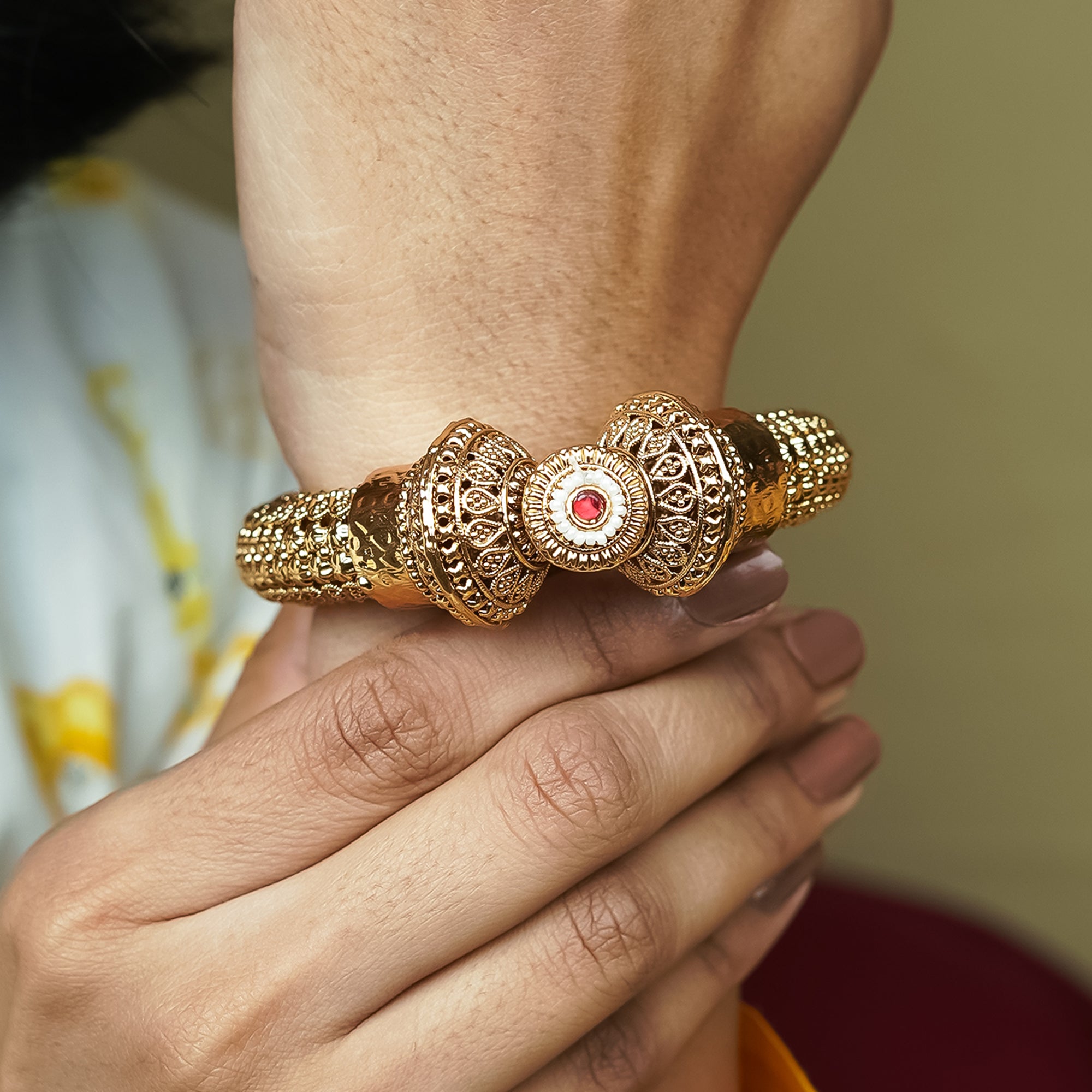 Zevar Club Set of 2 22K Gold-Plated Handcrafted Openable Rajwadi Bangles with Ruby Pearl & Kundan Stones for Women