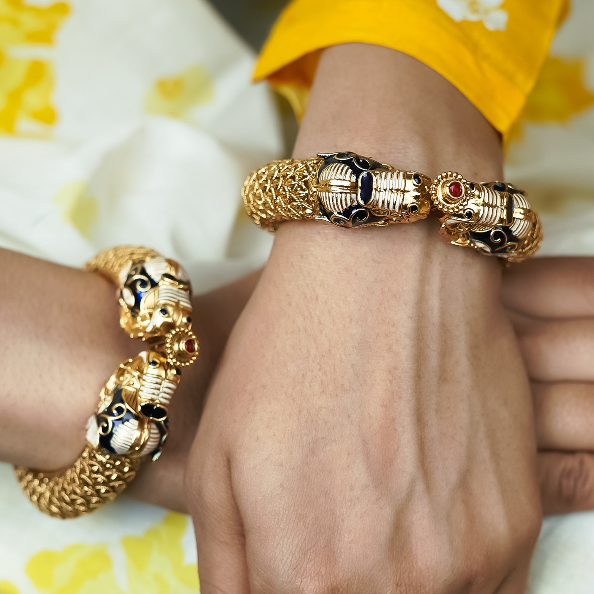 Zevar Club Set of 2 22K Gold-Plated Handcrafted Panther-Head Bangles with Blue Enamel & Black Stone Accents for Women