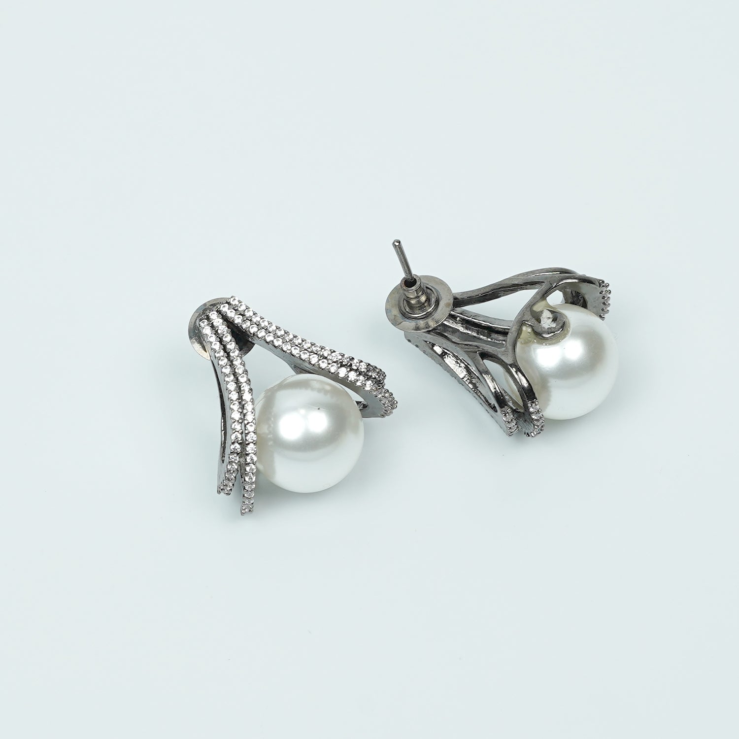 Zevar Club Rhodium-Plated Cubic Zirconia & White Pearl Sculpted Swirl Stud Earrings