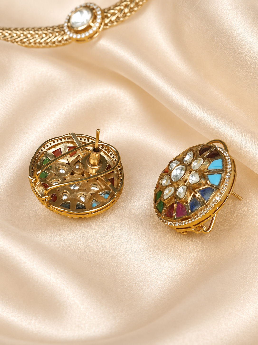 Zevar Club 24K Gold Plated White Kundan Studded Multicolor Enamel Handcrafted Floral Jewellery Set with Pendant & Earrings for Women