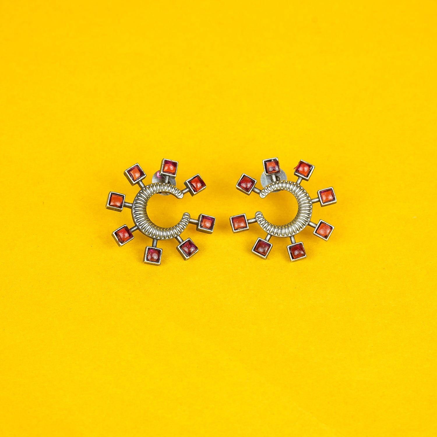 Zevar Club Oxidised Silver-Plated Ruby Pink AD Studded Half-Hoop Earrings