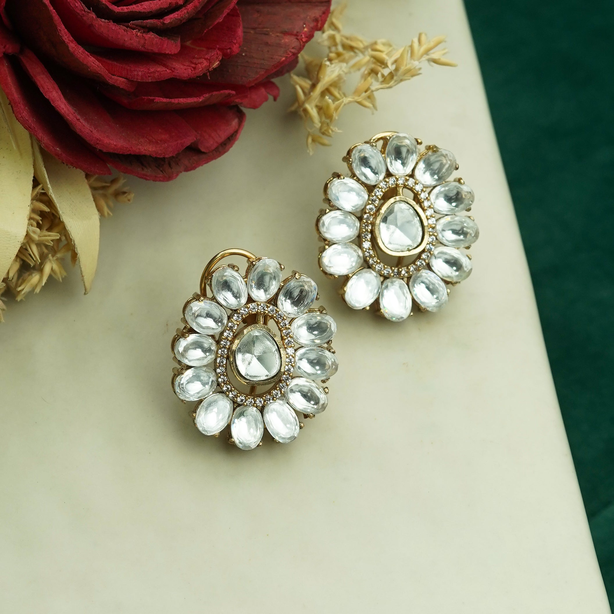 Zevar Club 12K Gold Plated Pushback Flower Kundan Earrings