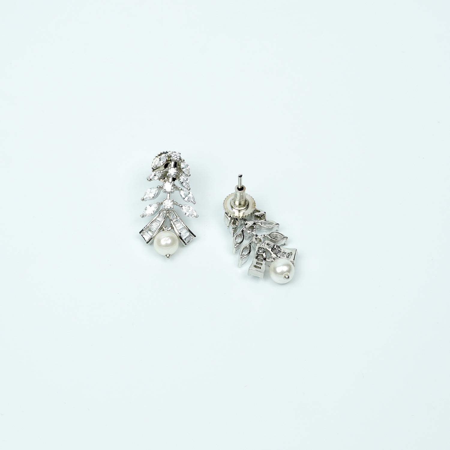 Zevar Club Rhodium-Plated Handcrafted Cubic Zirconia & Pearl Drop Earrings with Leaf Design