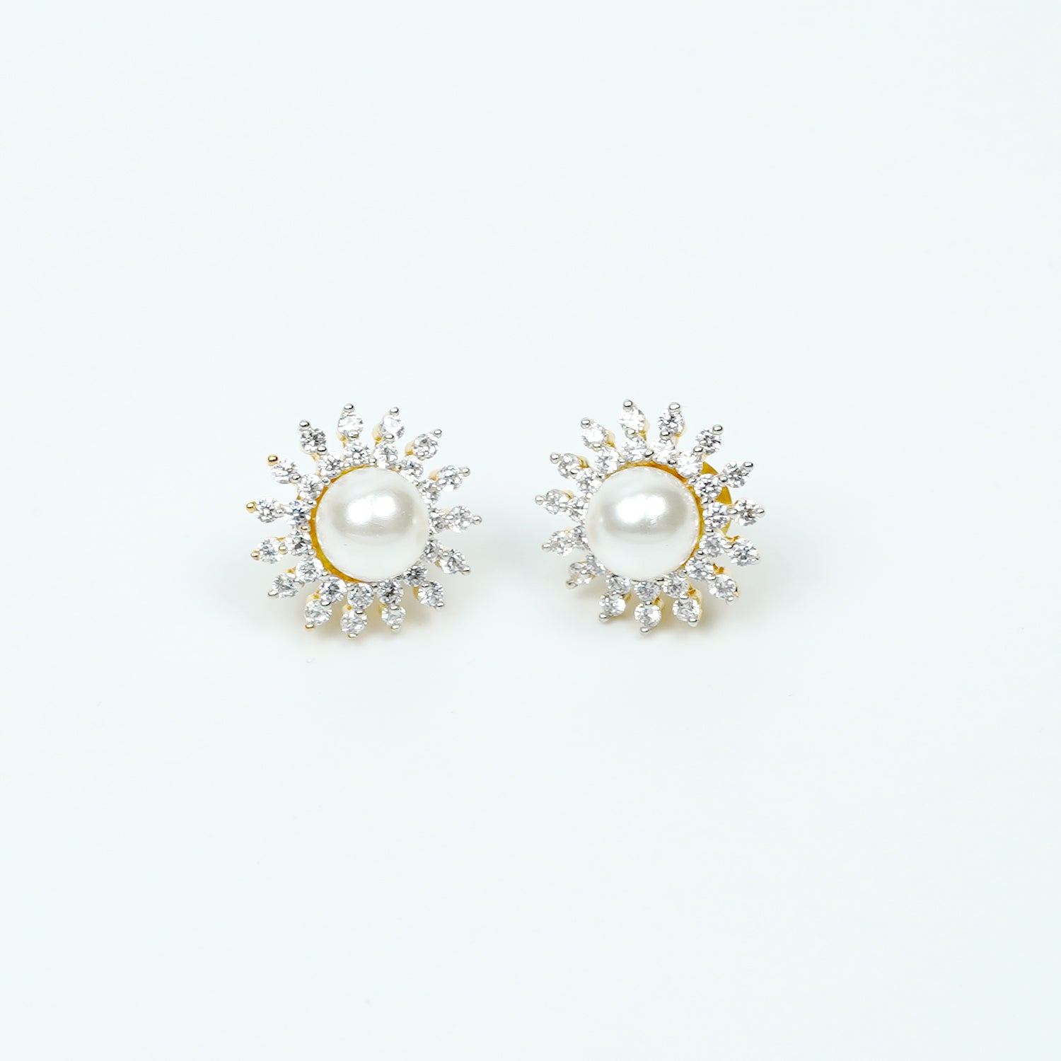 Zevar Club Rhodium-Plated White Pearl & Cubic Zirconia Floral Stud Earrings in Gold Tone