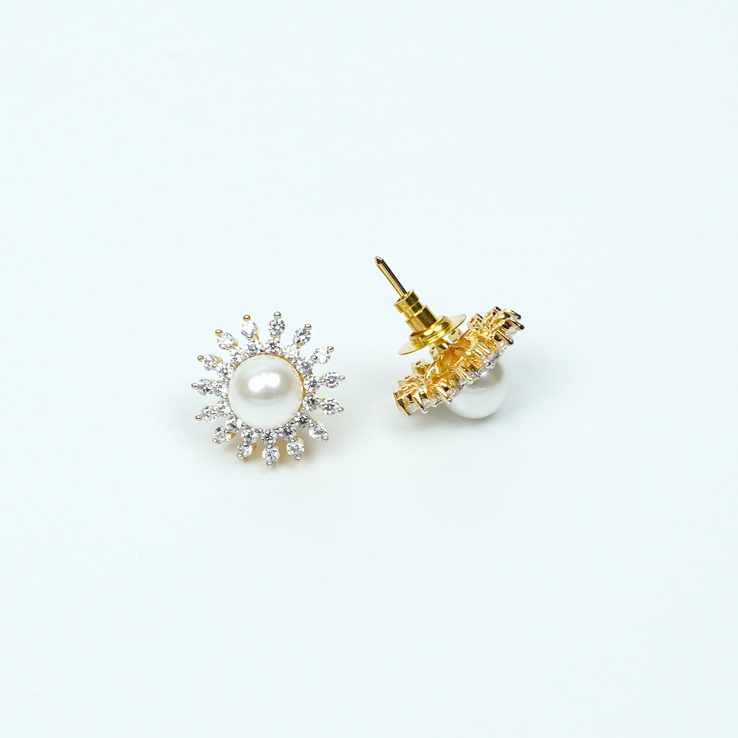 Zevar Club Rhodium-Plated White Pearl & Cubic Zirconia Floral Stud Earrings in Gold Tone