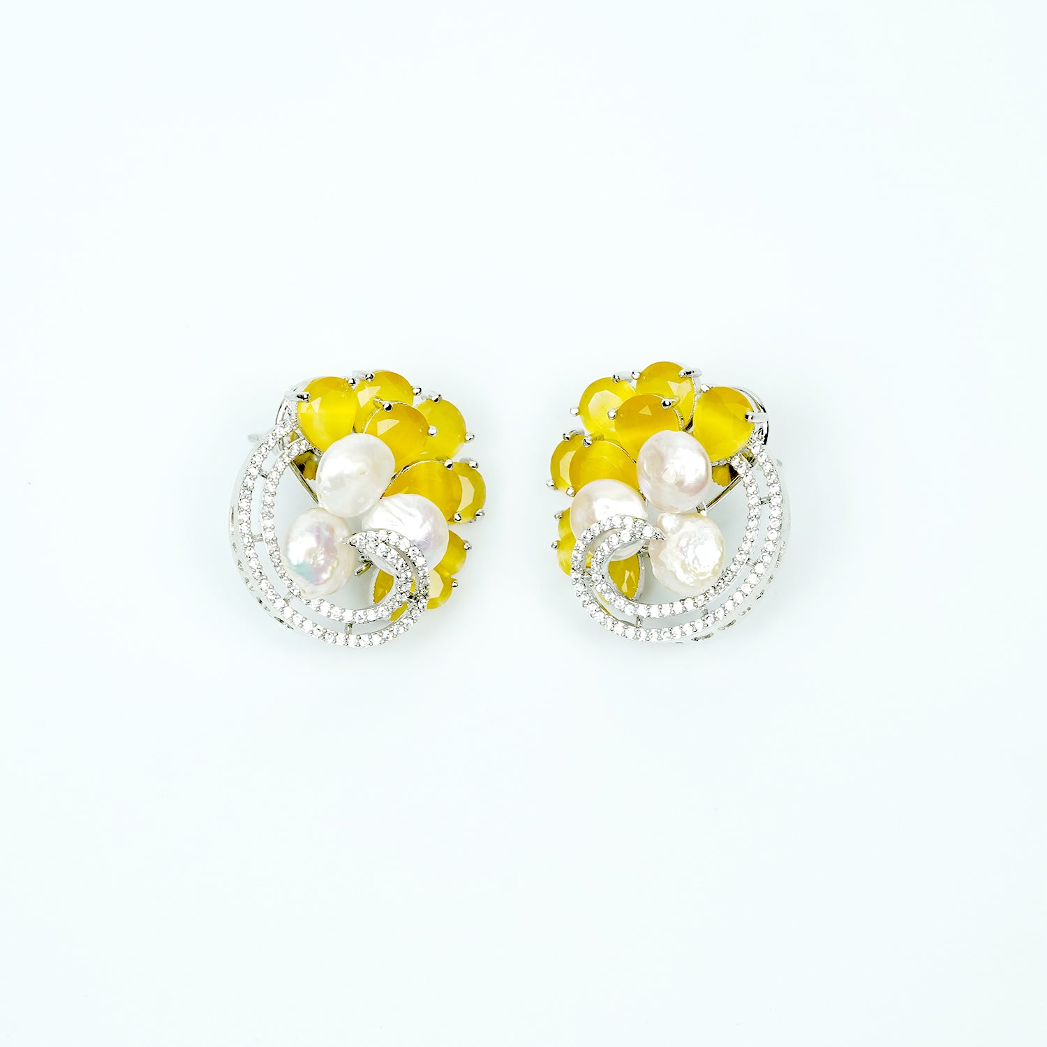 Zevar Club Rhodium-Plated Handcrafted Glossy Baroque Pearl & Yellow Crystal Cubic Zirconia Stud Earrings
