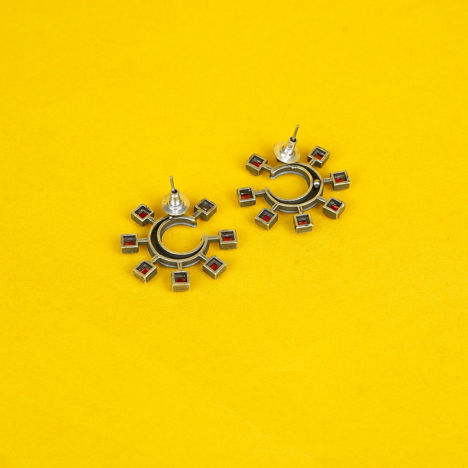 Zevar Club Oxidised Silver-Plated Ruby Pink AD Studded Half-Hoop Earrings