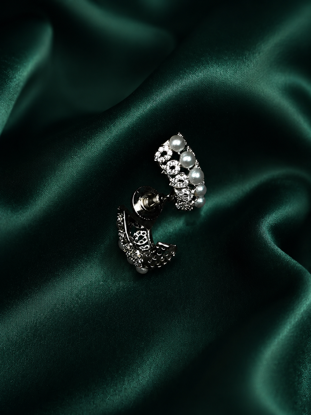 Zevar Club Rhodium-Plated Handcrafted Cubic Zirconia & Pearl Studded Huggie Hoop Earrings