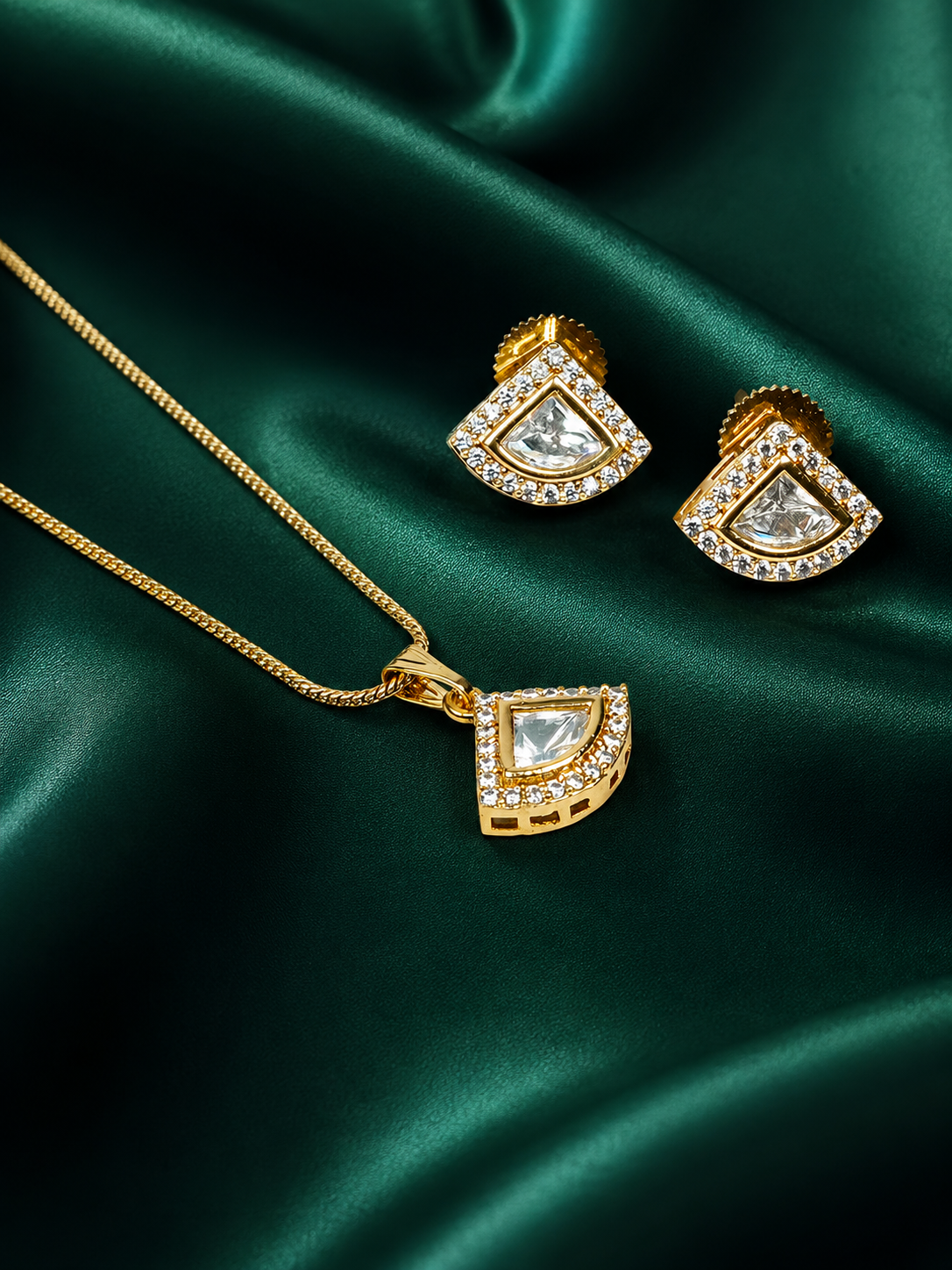Zevar Club 22K Gold-Plated Cubic Zirconia Studded Geometric Pendant Necklace Set for Women