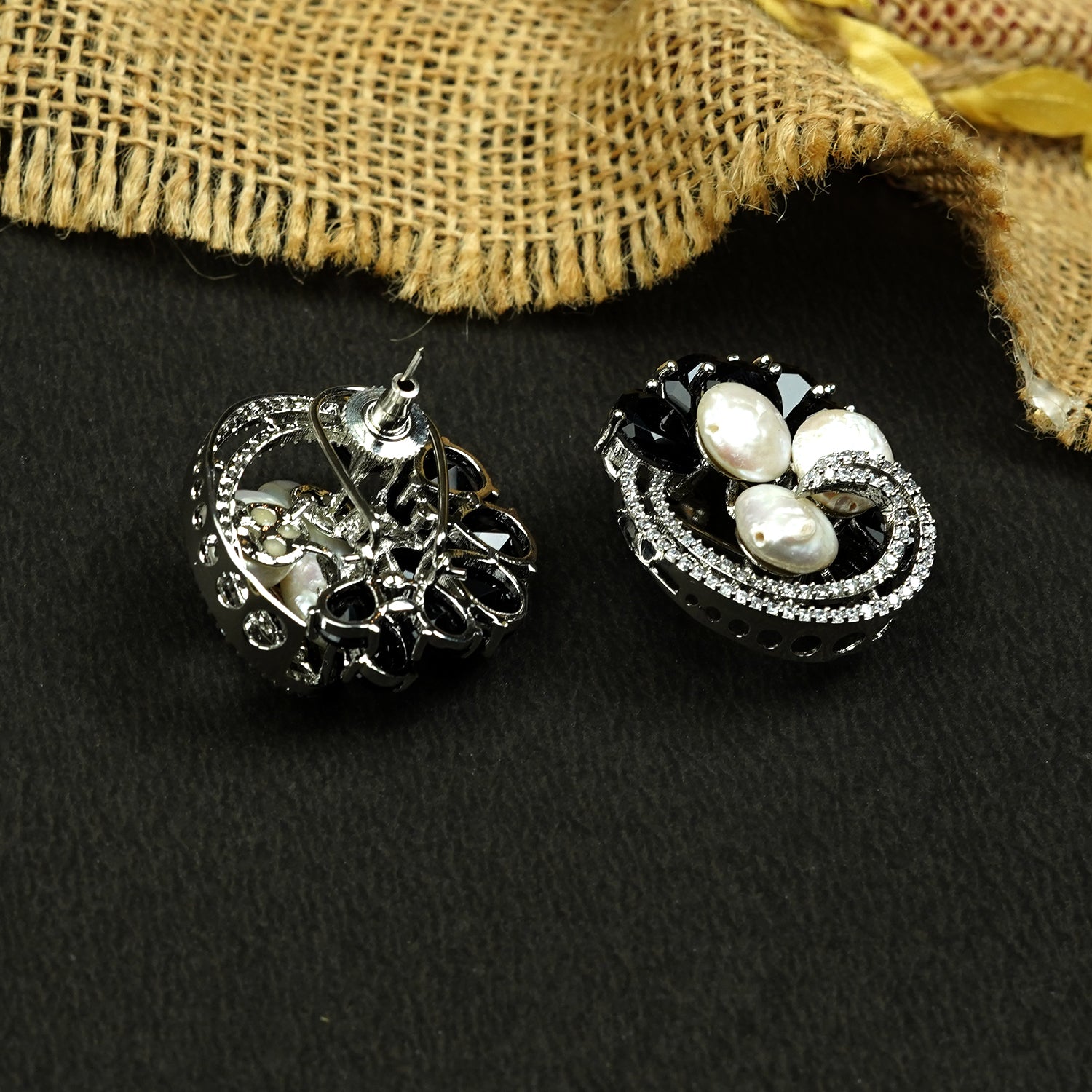 Zevar Club Rhodium-Plated Handcrafted Baroque Pearl & Black Crystal Cubic Zirconia Swirl Stud Earrings