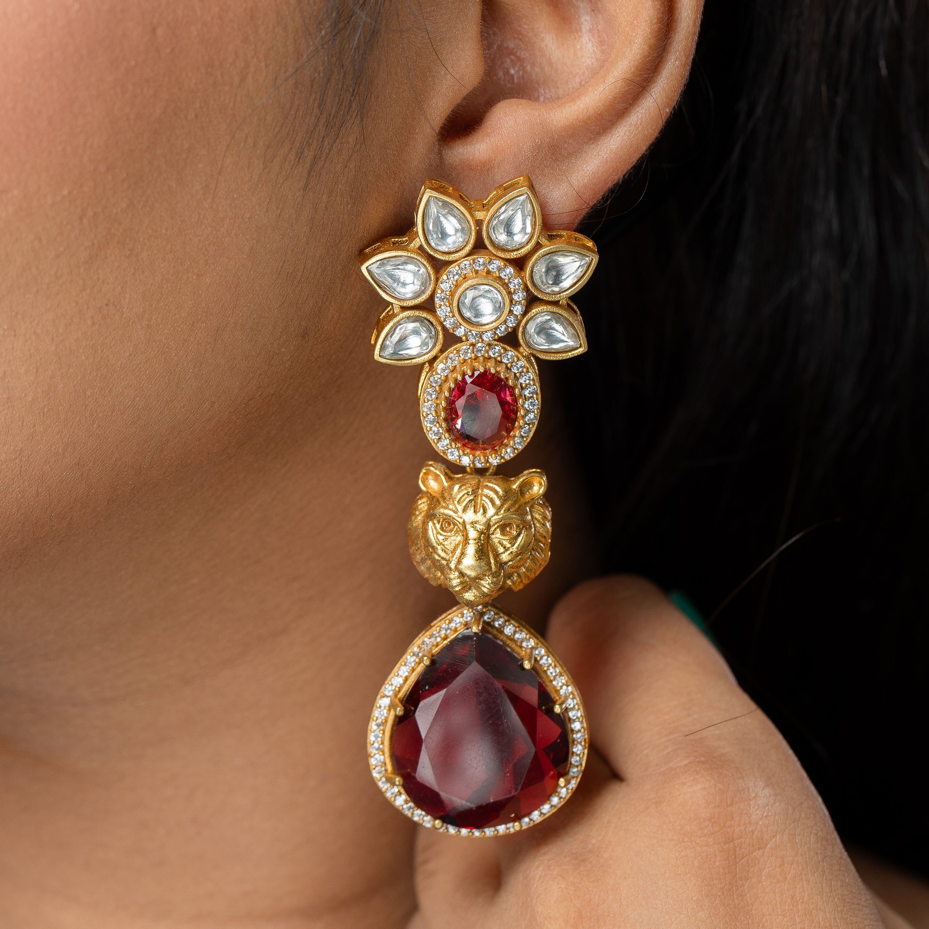 Zevar Club Kundan Stoned Sabyasachi Inspired Lion Drop Earrings