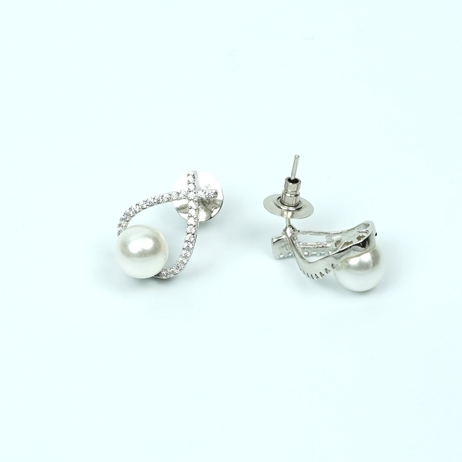 Zevar Club Rhodium-Plated Handcrafted Cubic Zirconia & White Pearl Loop Stud Earrings