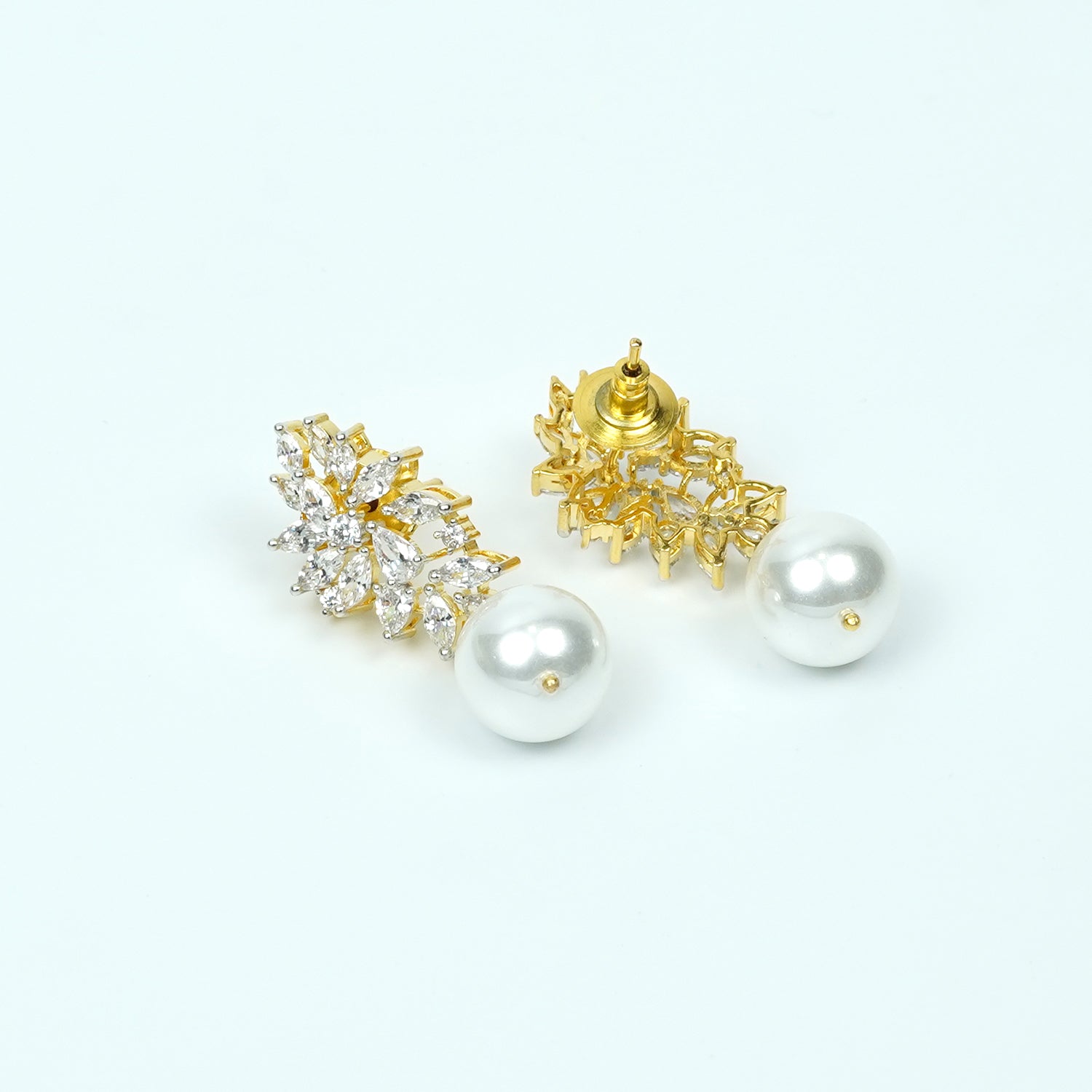 Zevar Club 22K Gold-Plated Handcrafted Cubic Zirconia & Pearl Studded Leaf Design Earrings
