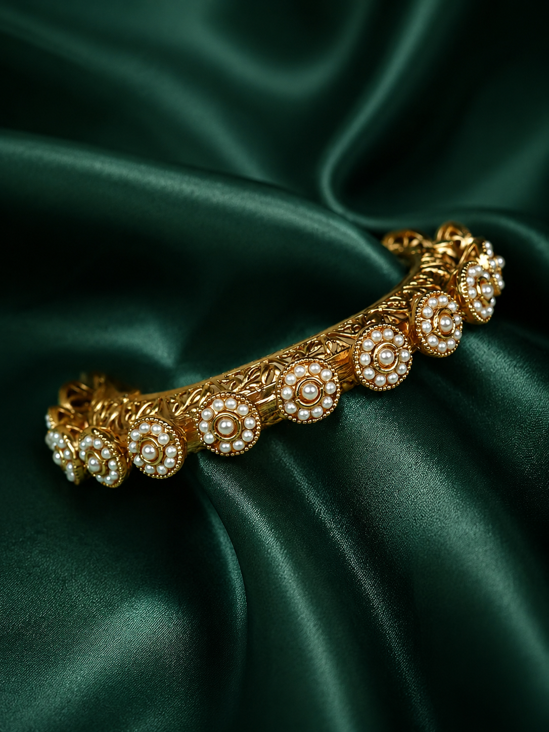 Zevar Club Set of 2 22K Gold-Plated Handcrafted Floral Drop Bangles with White Pearl Accents for Women