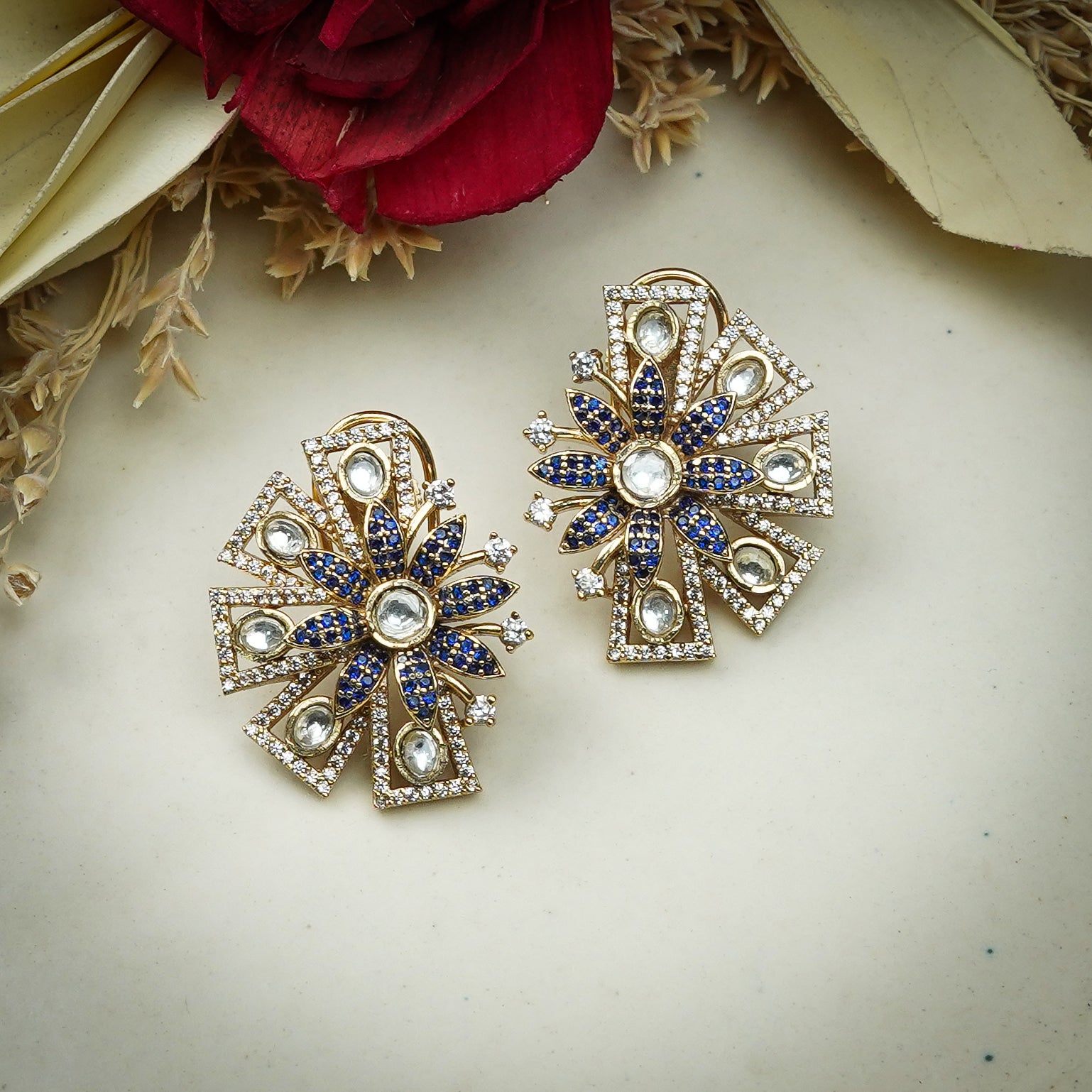 Zevar Club 12K Gold Plated Designer One Sided Sapphire Moissanite Studs Earrings