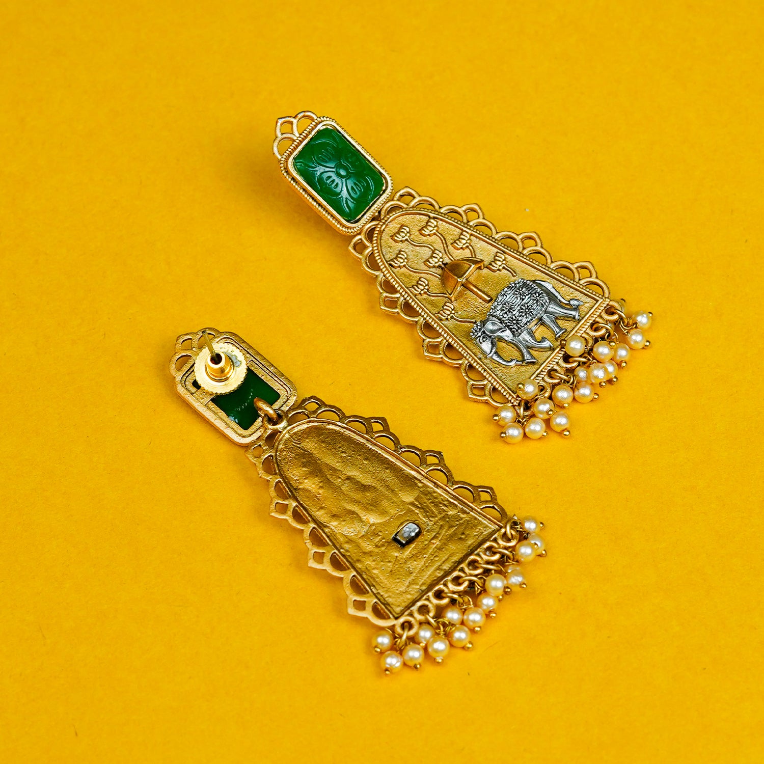 Zevar Club Oxidised Gold & Silver-Toned Elephant Motif Earring with Green Top & Pearls Drops