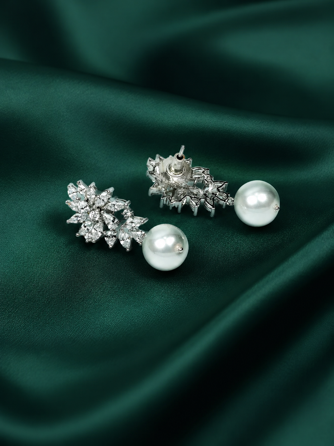 Zevar Club Rhodium-Plated Handcrafted Cubic Zirconia & Pearl Studded Leaf Design Earrings