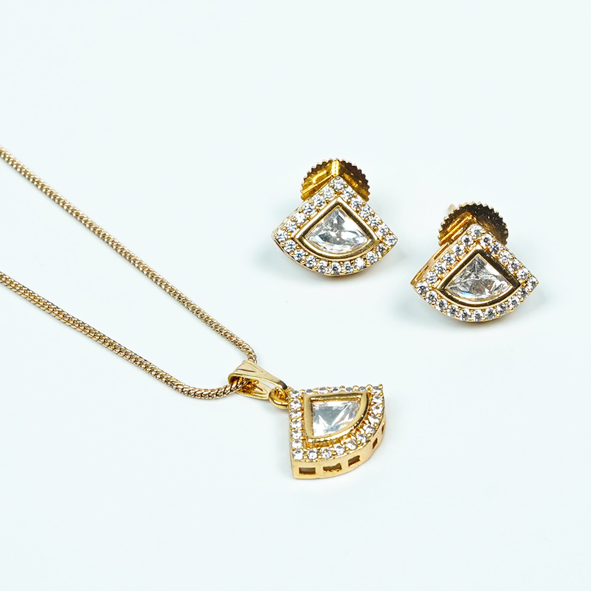 Zevar Club 22K Gold-Plated Cubic Zirconia Studded Geometric Pendant Necklace Set for Women