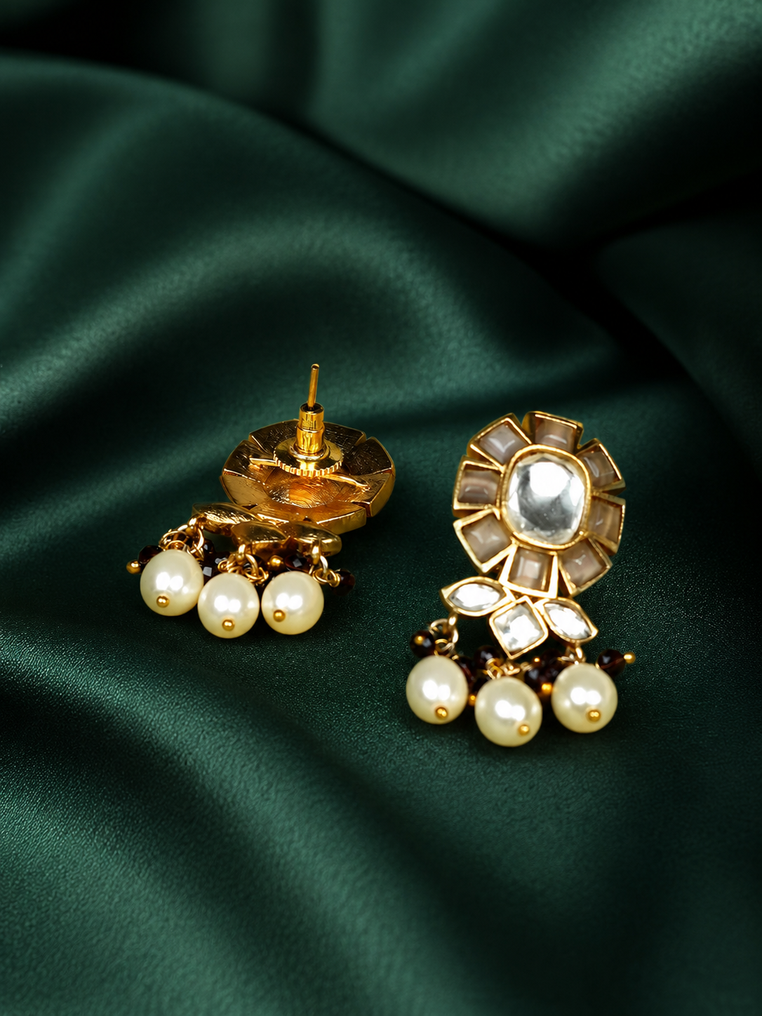 Zevar Club White Kundan Studded Floral Handcrafted Choker Necklace Set with White Pearl Beaded Strands & Drop Earrings