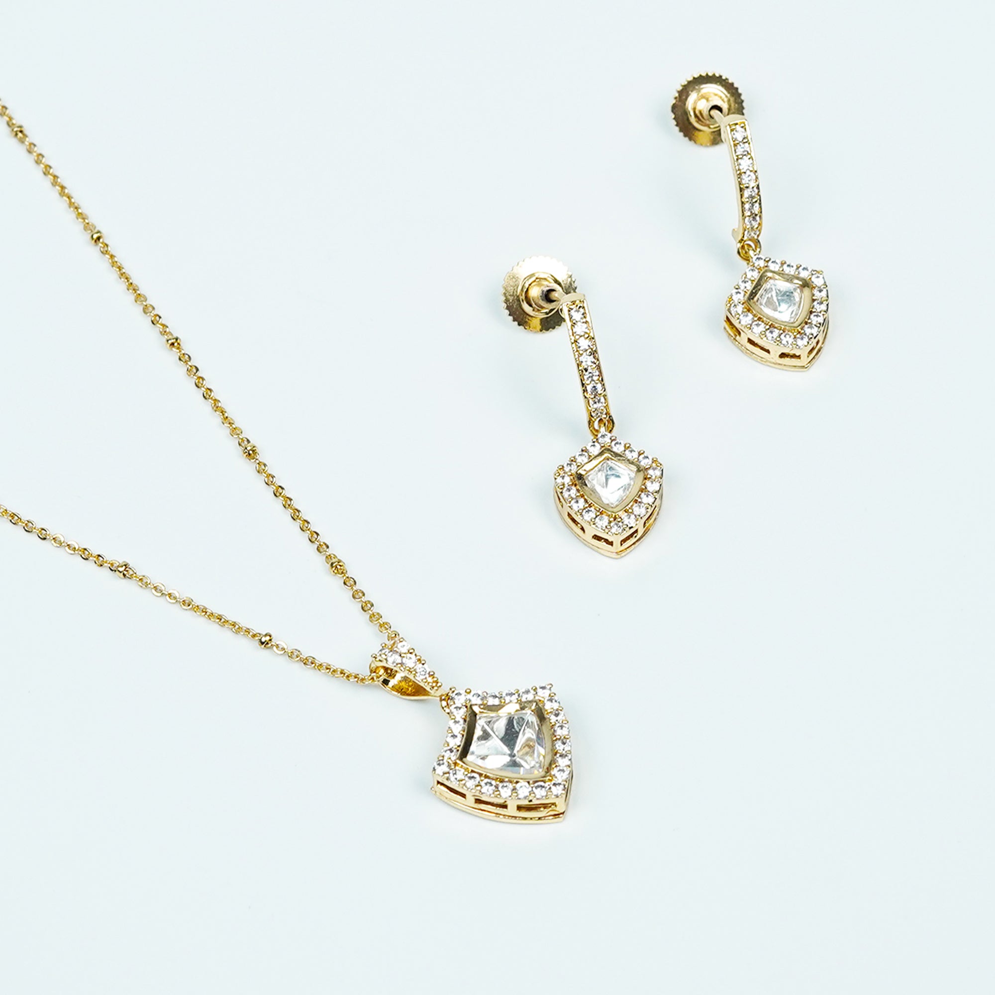 Zevar Club Women 22K Gold-Plated Cubic Zirconia Studded Angular Statement Pendant Necklace Set